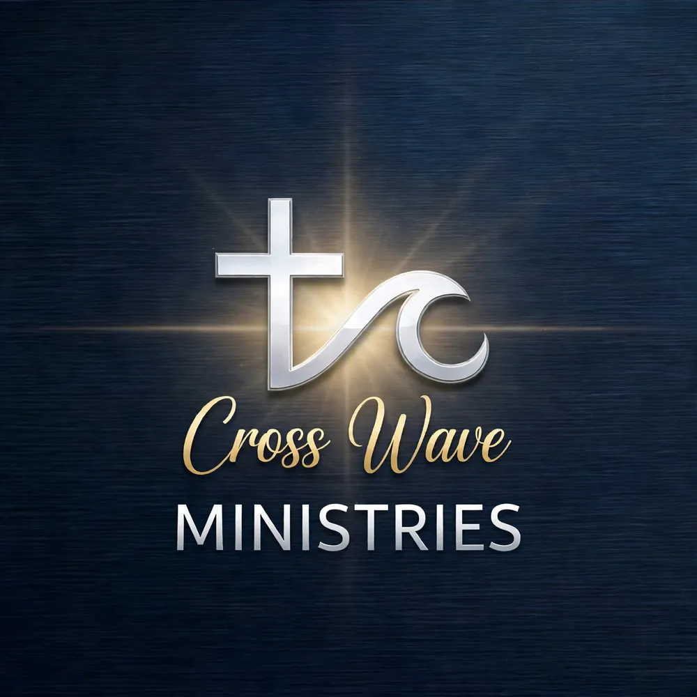 Cross Wave Ministries logo: a silver cross flowing into a wave, with a gold waveform running through it